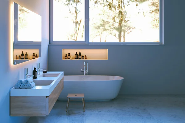 Elegasi interior kamar mandi dengan lantai marmer. render 3d . — Stok Foto