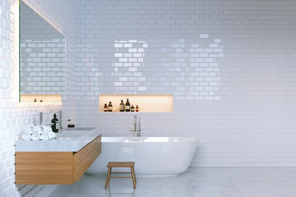 Lüks minimalist banyo iç tuğla duvarlı. 3D render.