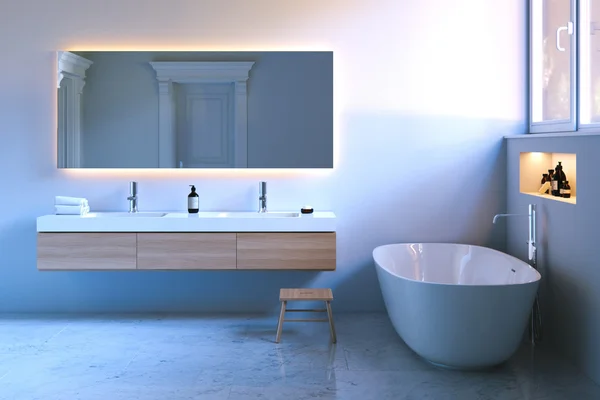 Lüks banyo penceresi ve mermer zemin ile. 3D render. — Stok fotoğraf