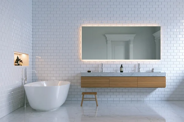 Lüks iç banyo tuğla duvarlı. 3D render.