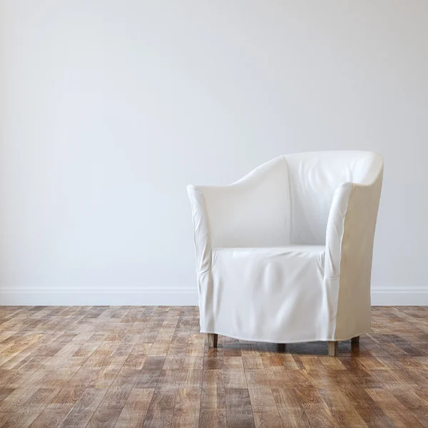 Poltrona aconchegante branco no interior vazio do quarto com parquet — Fotografia de Stock