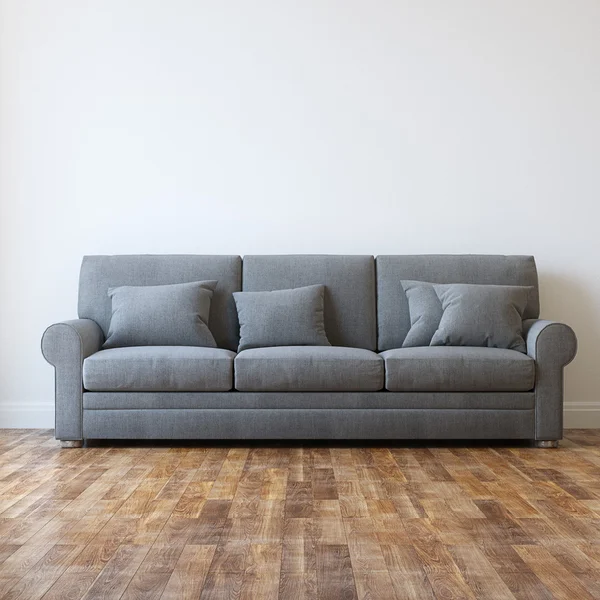 Graues, klassisches Sofa aus Textil im minimalistischen Innenraum — Stockfoto