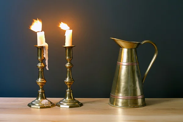 Candelabra With Burning Candles And Antique Jar In Interior — Stock Photo, Image