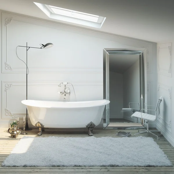 Vintage bathtub in classic interior with lamp and mirror — Stock Photo, Image