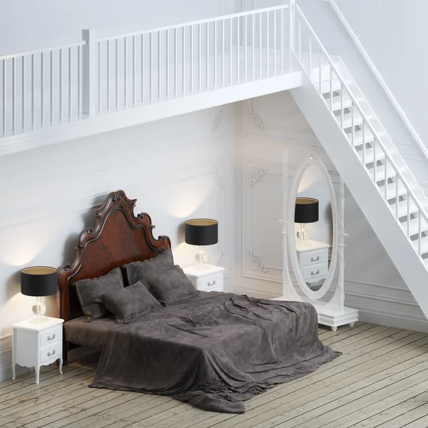 Yeni beyaz duvarların iç yatak odası yukarıda — Stok fotoğraf