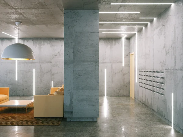 Мінімалістична кімната з бетонними поверхнями (пошта і вітальня — стокове фото