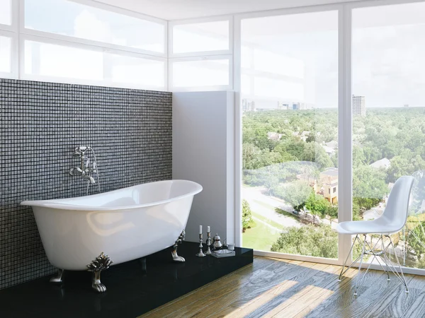Geniş pencereli, modern banyo.