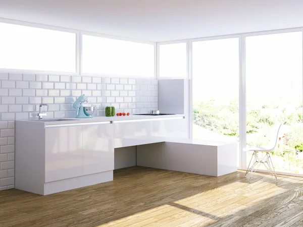 Modern white kitchen in bright interior with big window — Stock Photo, Image