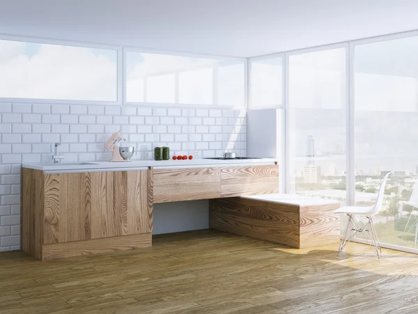 Сучасний дерев'яний інтер'єр кухні з панорамним вікном — стокове фото
