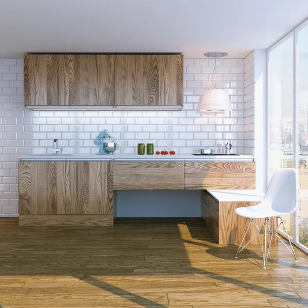 Modern wooden kitchen interior with white chair — Stock Photo, Image