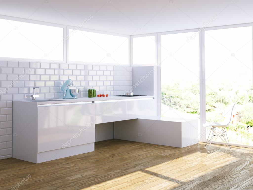 modern white kitchen in bright interior with big window