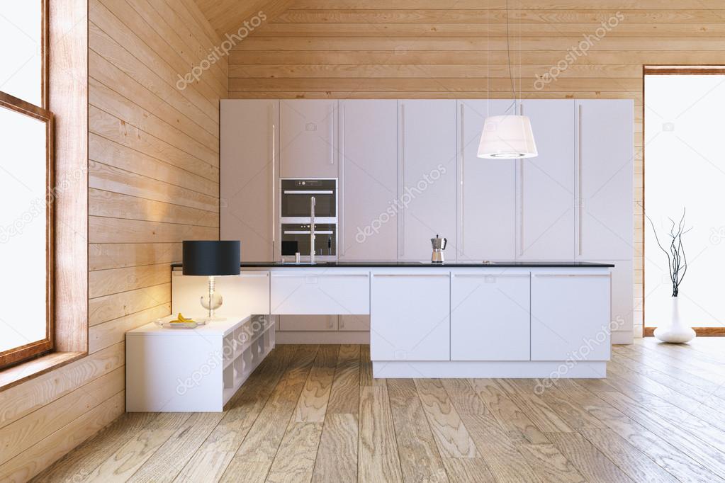 modern white kitchen in wooden interior