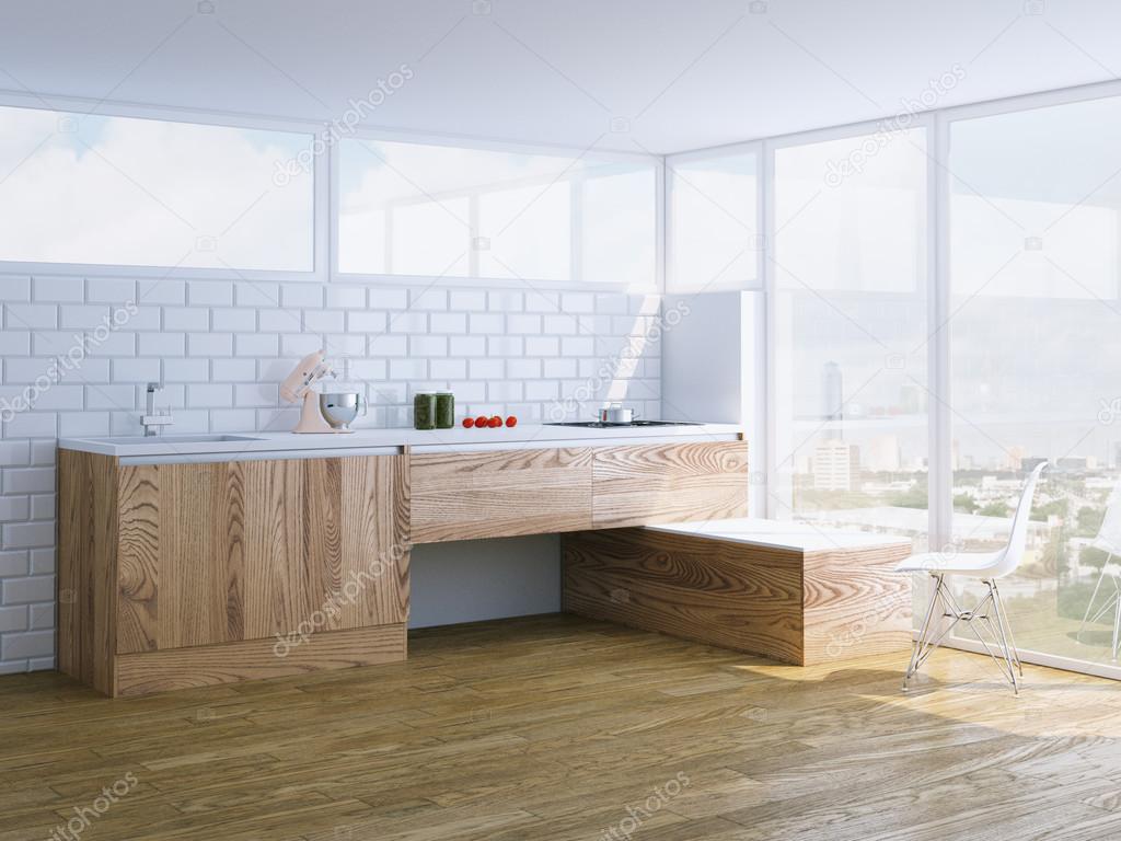 modern wooden kitchen interior with panoramic window