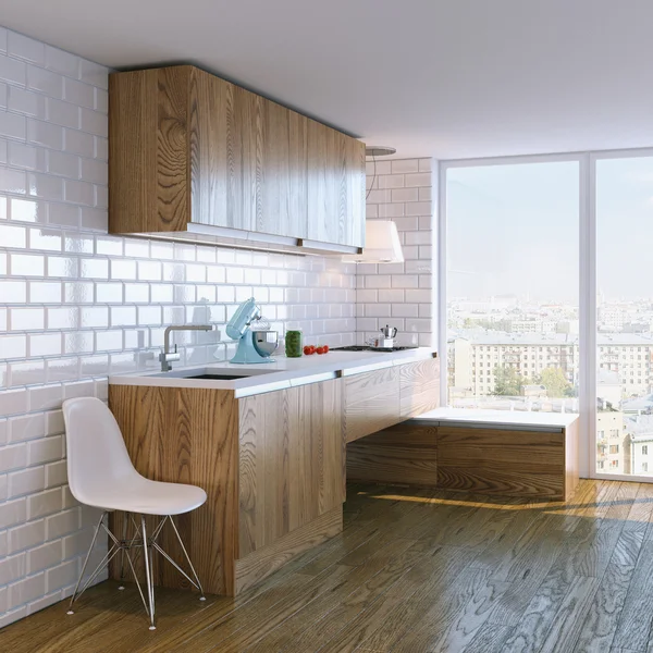 Interior de cozinha de madeira moderna com grande janela — Fotografia de Stock