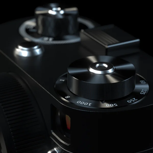 Vintage camera in black studio setup control wheels view 2 — Stock Photo, Image