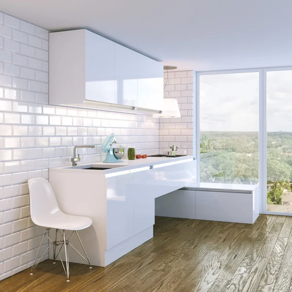 Modern beyaz parlak mutfak iç büyük pencereli — Stok fotoğraf