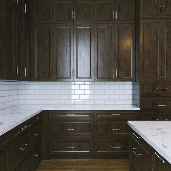 Manhã no interior da cozinha clássica de madeira — Fotografia de Stock