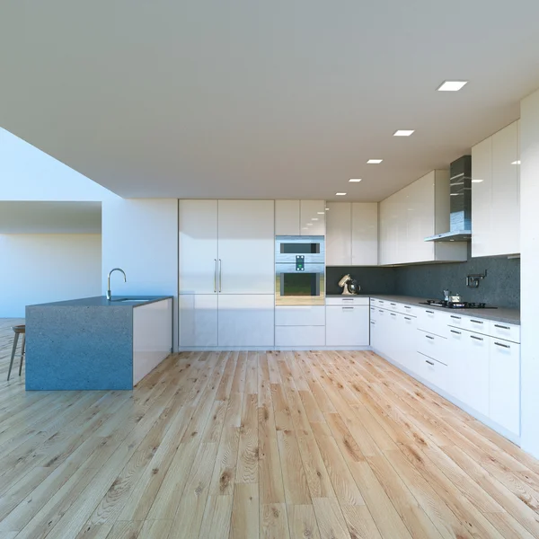 Nueva cocina blanca contemporánea decorada en casa grande de lujo. 3D — Foto de Stock