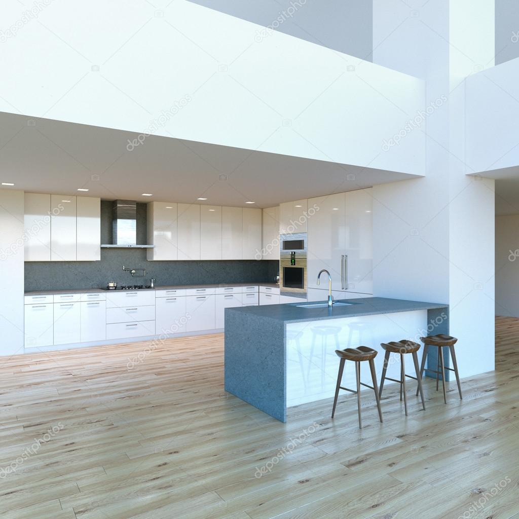 New decorated contemporary white Kitchen in luxury big studio . 