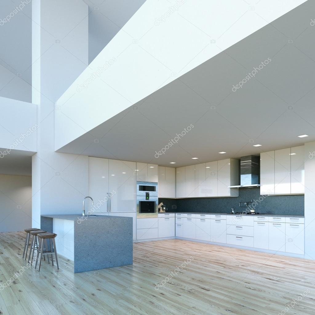 New decorated contemporary white Kitchen in luxury big interior 