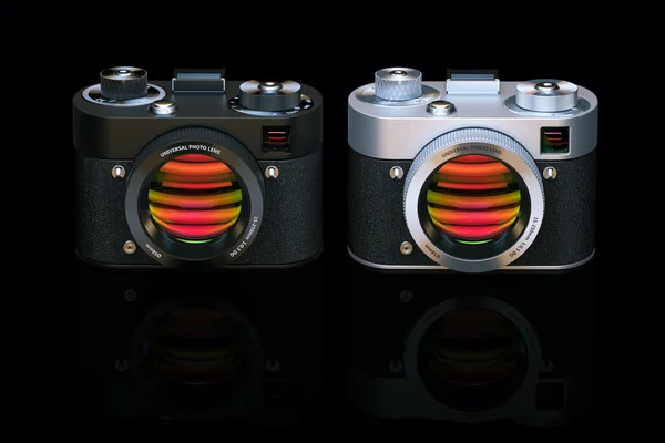 Two different photo cameras in black studio. 3D render — Stock Photo, Image