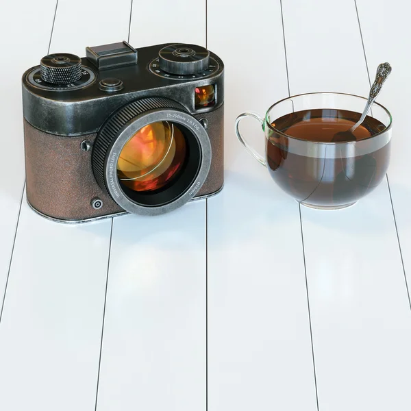 Vintage camera and glass cup of hot tea on white hardwood. 3d re — Stock Photo, Image