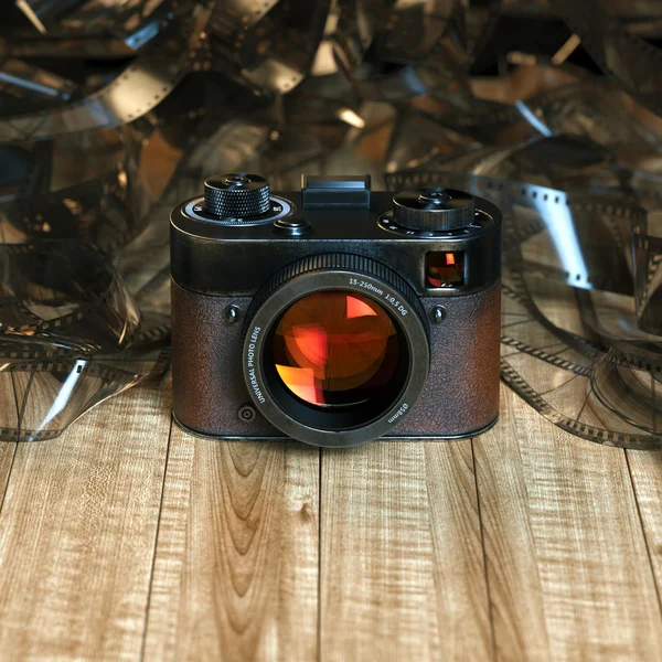 Vintage photo camera on wood table against the background of fil — Stock Photo, Image