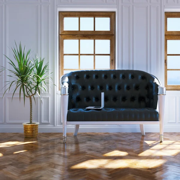 Big living room with black leather sofa in center and big window — Stock Photo, Image