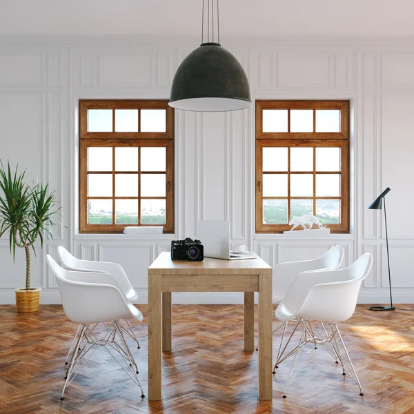 Grote woonkamer met moderne stoelen en een tafel in het centrum en grote w — Stockfoto