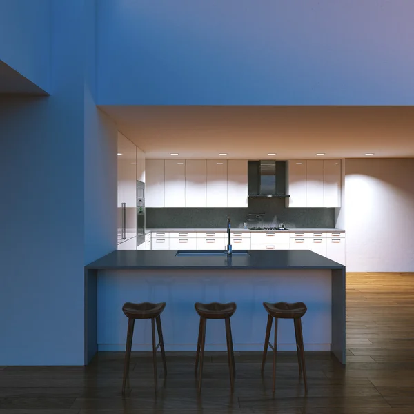 Moderní kuchyně v večerním interiéru. prostorové vykreslení — Stock fotografie