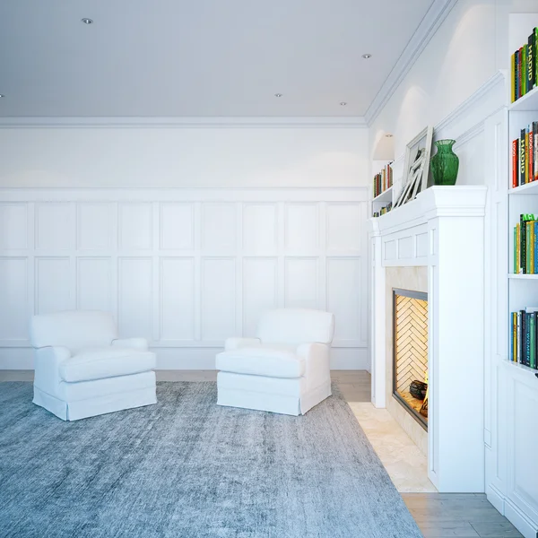 Biblioteca casera en habitación blanca clásica. Vivir interior con chimenea —  Fotos de Stock