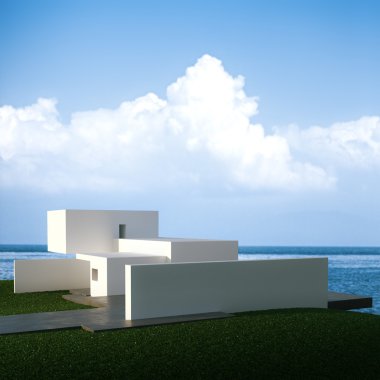 Beyaz modern mimari adada, yaz manzara Deniz Manzaralı