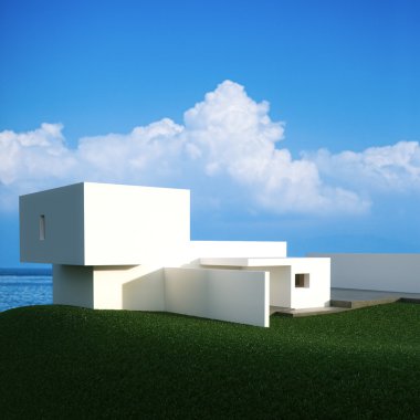 Beyaz modern mimari adada, yaz manzara Deniz Manzaralı