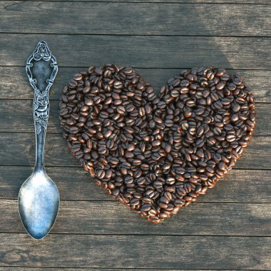 Ahşap bir masa üzerinde kaşık ve kalp şekli kahve çekirdekleri ile Vintage kutusu
