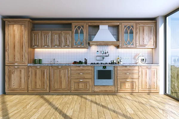 现代明亮木制厨房在海洋岛上的别墅 — 图库照片