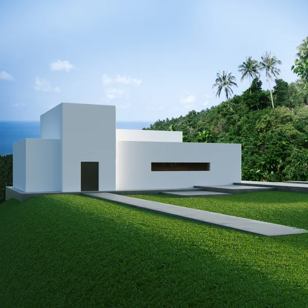 Energy efficient concrete modern house on the hill above the oce Stock Image