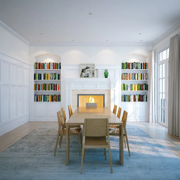 Bibliothèque domestique classique avec mobilier en bois, fenêtre et feu — Photo