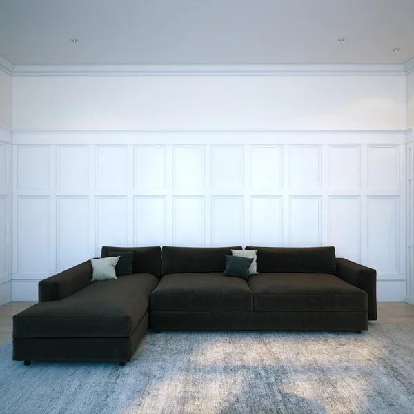 Μαύρο άνετο καναπέ στο μοντέρνο εσωτερικό δωμάτιο με ξύλινο δάπεδο. — Φωτογραφία Αρχείου