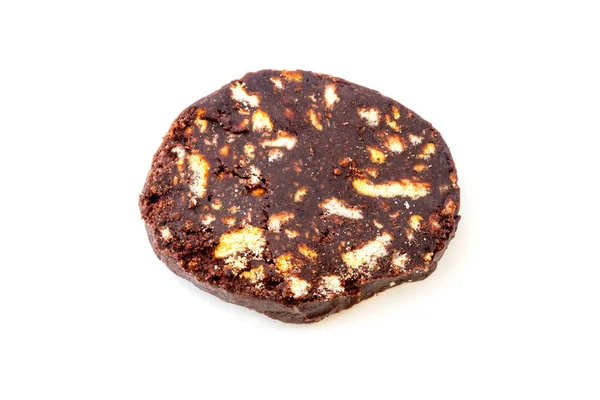 Snijd Van Chocolade Salami Een Witte Achtergrond — Stockfoto