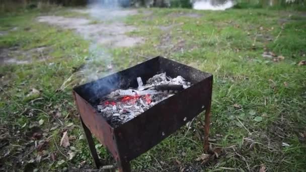 Uhlí, které doutná v grilu. Umírající oheň. Živý oheň. — Stock video