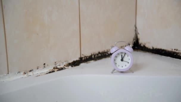 シャワー室に時計があります。シリコーンパテの背景には、型から黒。古い時代の概念と時間の経過。金型制御剤の適用時期の管理 — ストック動画