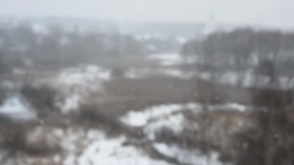 Primeira Neve Cobre Solo Cinzento Estrada Árvores Inverno Outono Vista — Vídeo de Stock