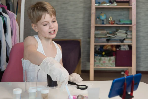 Child blogger is streaming. Home furnishings. Live chemical experiments. Biological experiments. Talented child, child prodigy — Stock Photo, Image