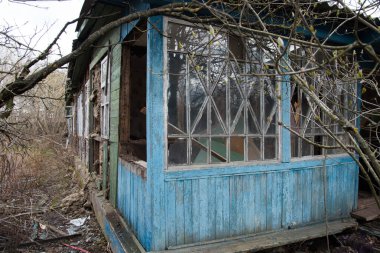 Çalılarla kaplı terk edilmiş eski bir ev. Terk edilme ve işe yaramazlık kavramı.