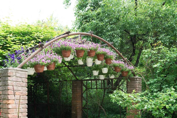 Arco de metal com cestas de flores. Elemento de decoração. Decoração da paisagem, paisagismo — Fotografia de Stock