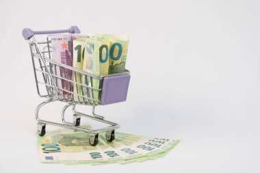 Alışveriş sepetinde AB banknotları yer alıyor. Satma, para satın alma kavramı. Tüketici sepeti. Kurtarıyorum. Borsada ticaret.