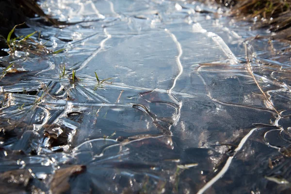 Vue d'en haut. De la flaque congelée. La glace a formé un motif naturel. L'abstraction — Photo