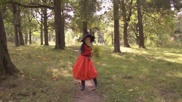 Hermosa chica vestida con un disfraz de bruja para Halloween. La bruja está bailando en el bosque de otoño. El niño está bailando con hojas de roble de otoño — Vídeo de stock