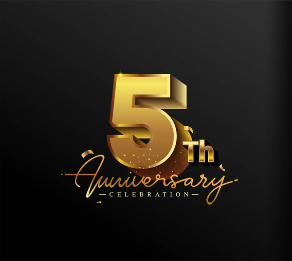 Логотип 5-летия с золотыми конфетти на черном фоне, векторный дизайн для поздравительной открытки и пригласительной карты