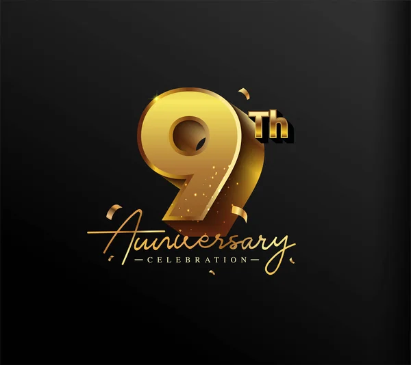 Logotipo Del Anniversario Con Confetti Oro Isolati Sfondo Nero Disegno — Vettoriale Stock